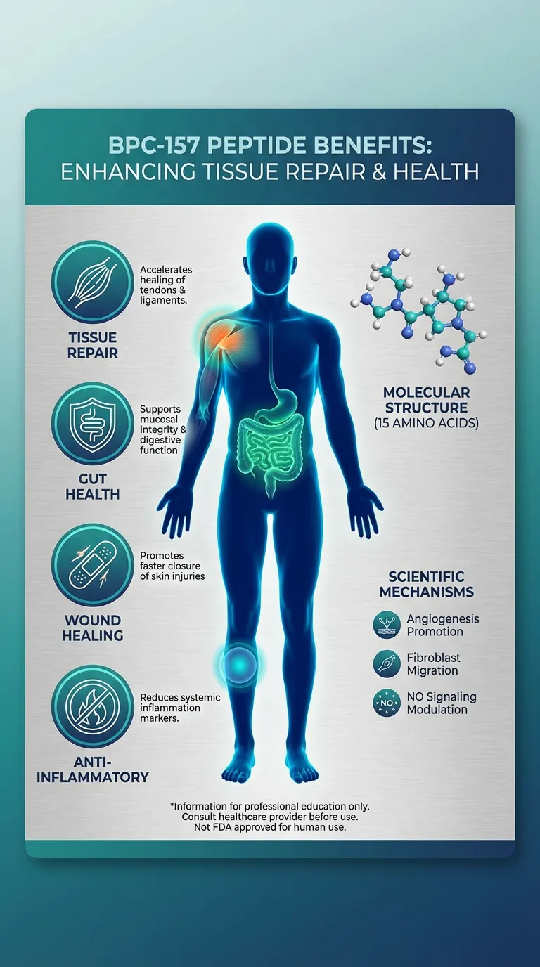 Educational infographic outlining researched BPC-157 peptide properties — tissue repair, gut health, wound healing and anti-inflammatory effects — with its 15-amino-acid molecular structure and mechanisms including angiogenesis promotion, fibroblast migration and NO signaling modulation. For professional education only; not FDA approved for human use.