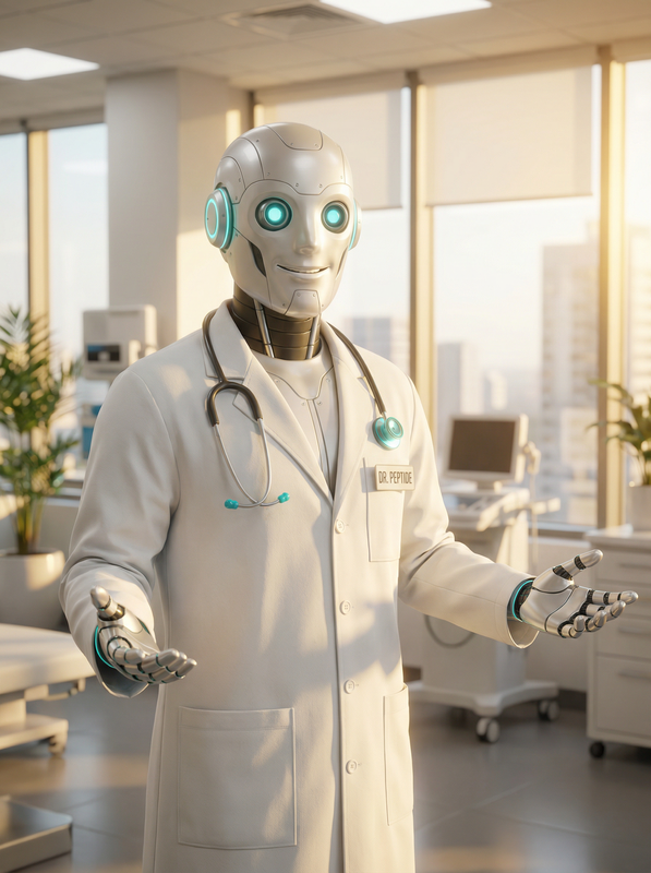 Dr. Peptide mascot — a friendly clinical robot character