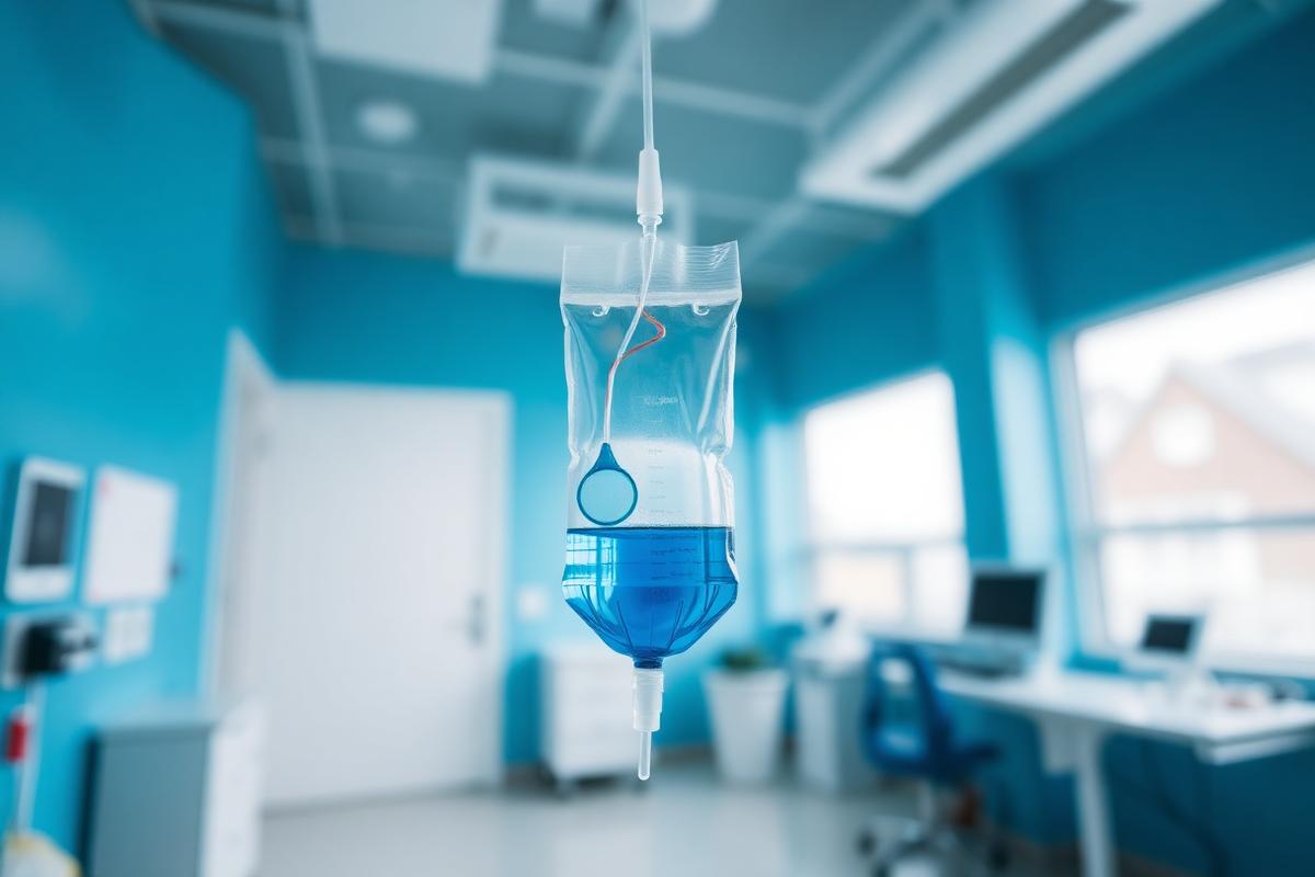 IV therapy bag and infusion setup in a clinical suite
