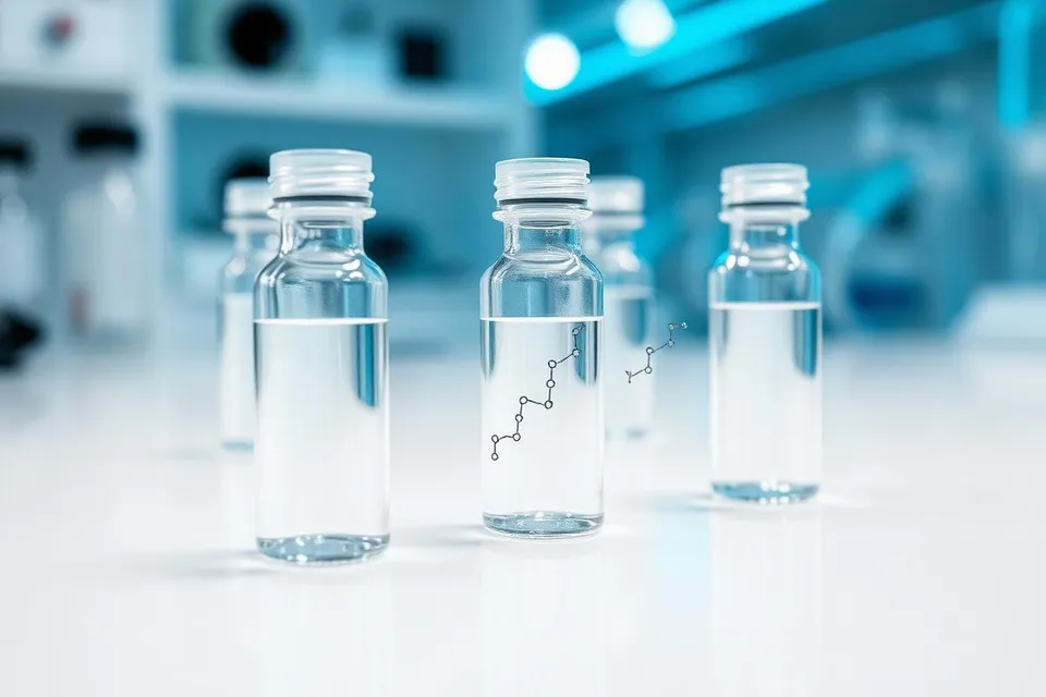 Clinical peptide therapy vials alongside a molecular chain visualization illustrating how targeted peptide sequences are selected.