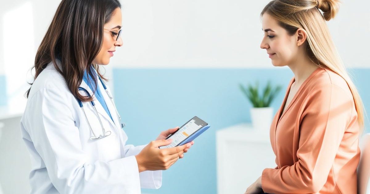 Illustrative clinician and patient reviewing health information